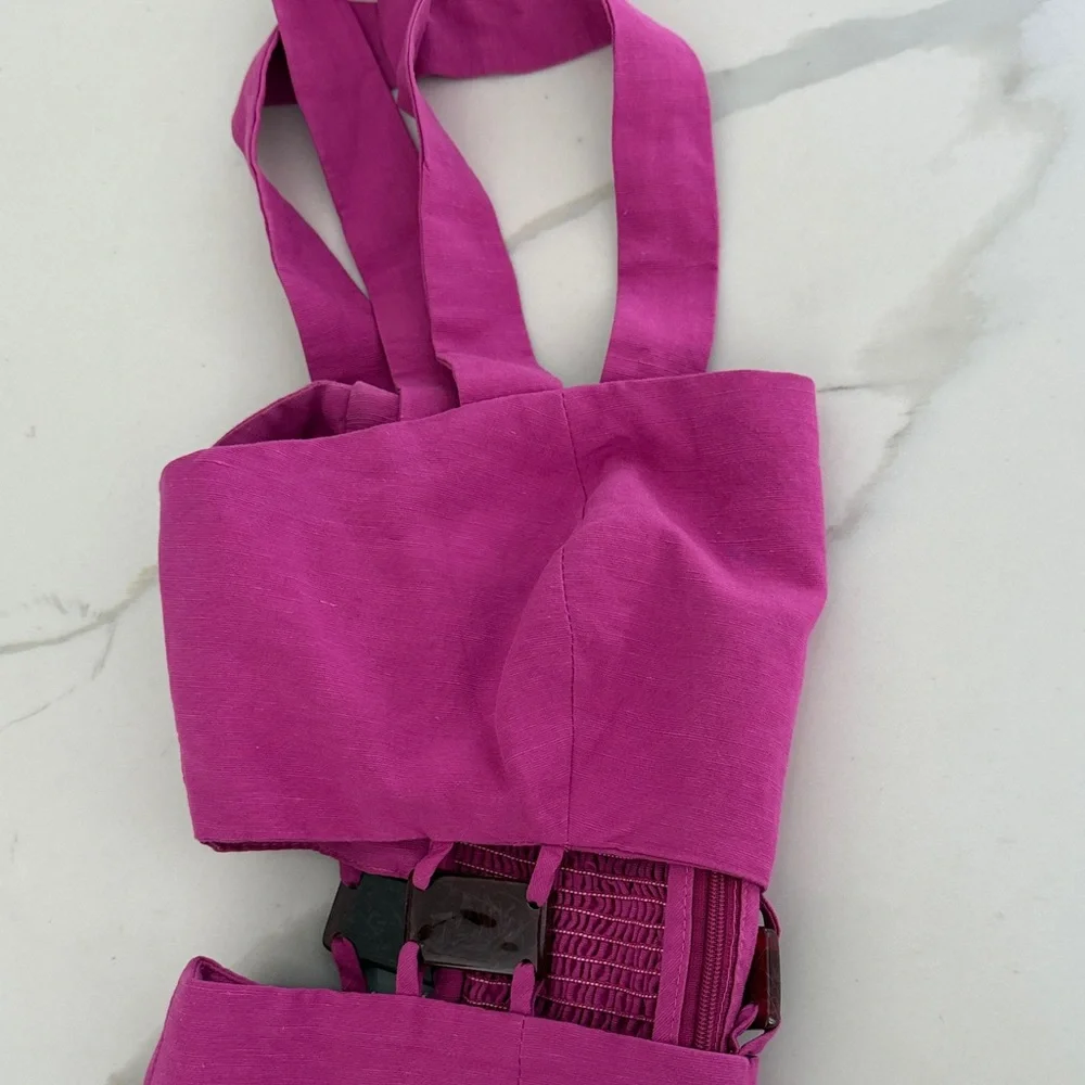 Bright Pink Women's Linen Blend Romper - Picture 5 of 6